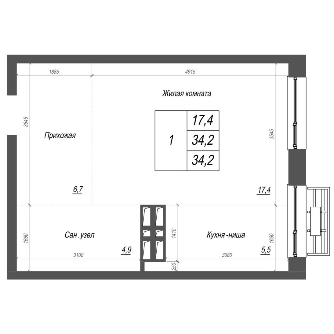 1-комнатная, 34.2 м², № 344 в Нефрит