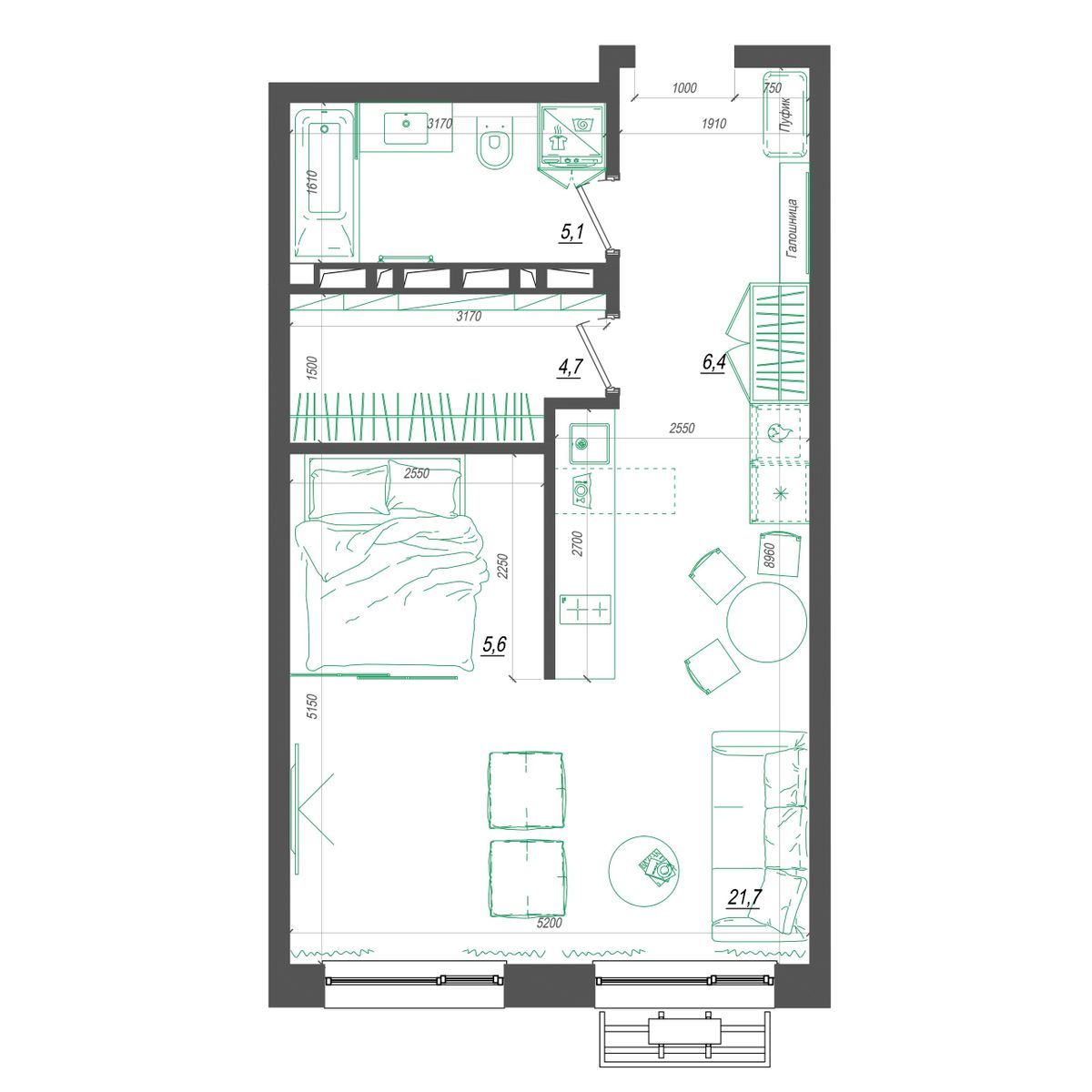1-комнатная, 44.5 м², № 316 в Нефрит