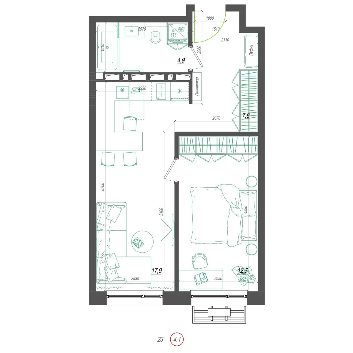 1-комнатная, 44.2 м², № 399 в Нефрит