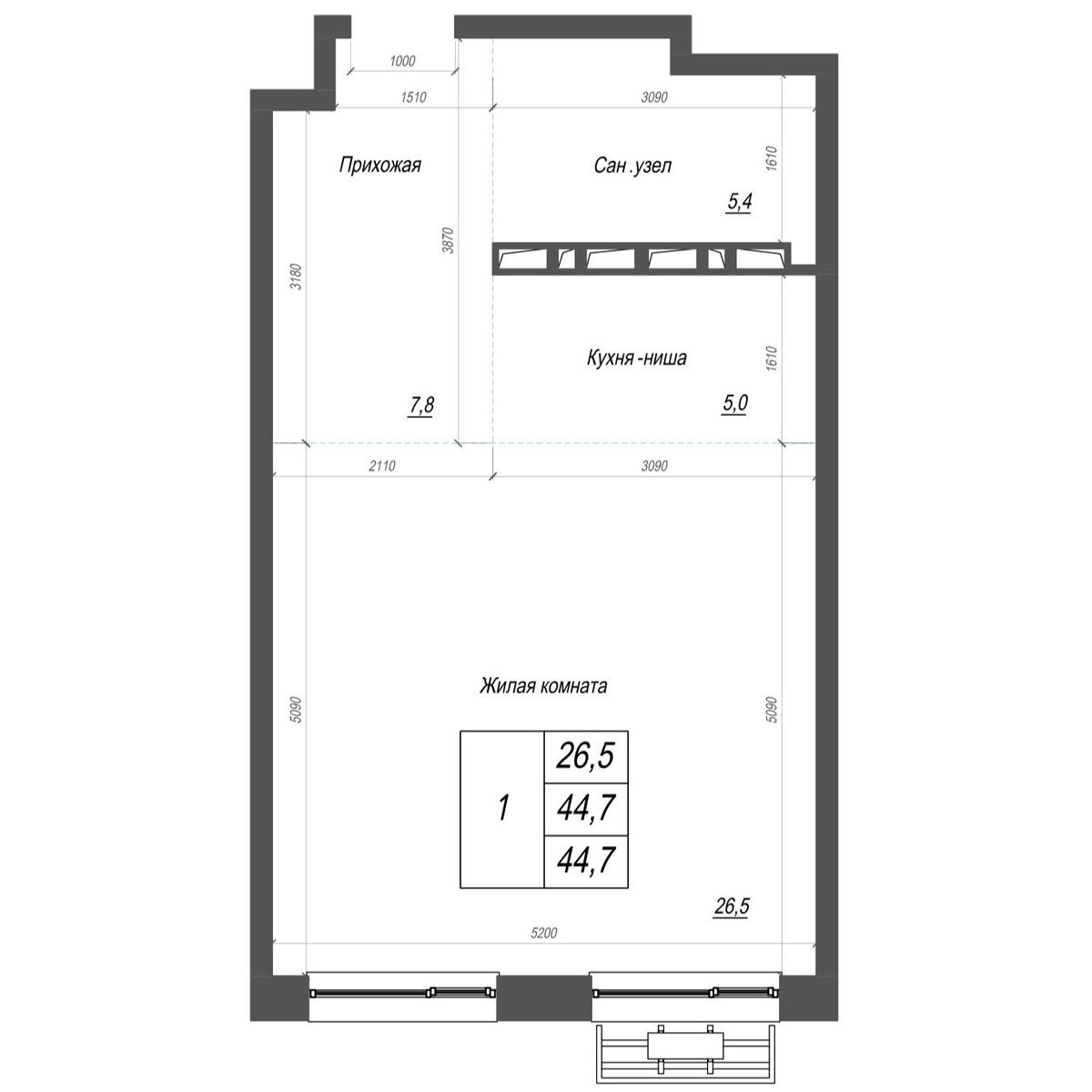 1-комнатная, 44.7 м², № 315 в Нефрит