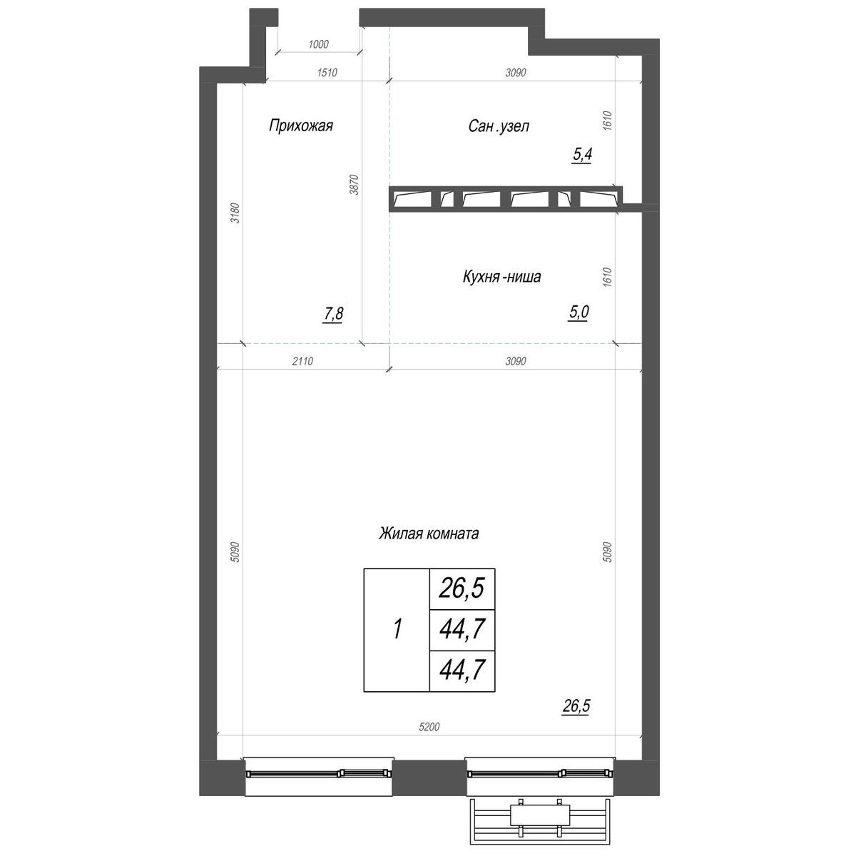 1-комнатная, 44.7 м², № 366 в Нефрит