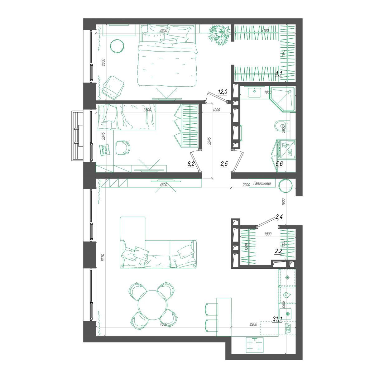 3-комнатная, 70.5 м², № 374 в Нефрит