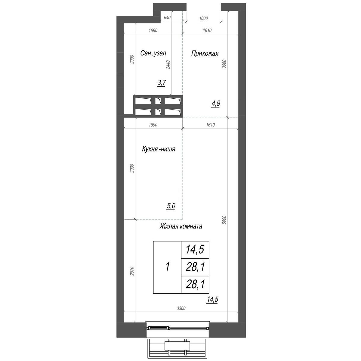 1-комнатная, 28.1 м², № 238 в Нефрит