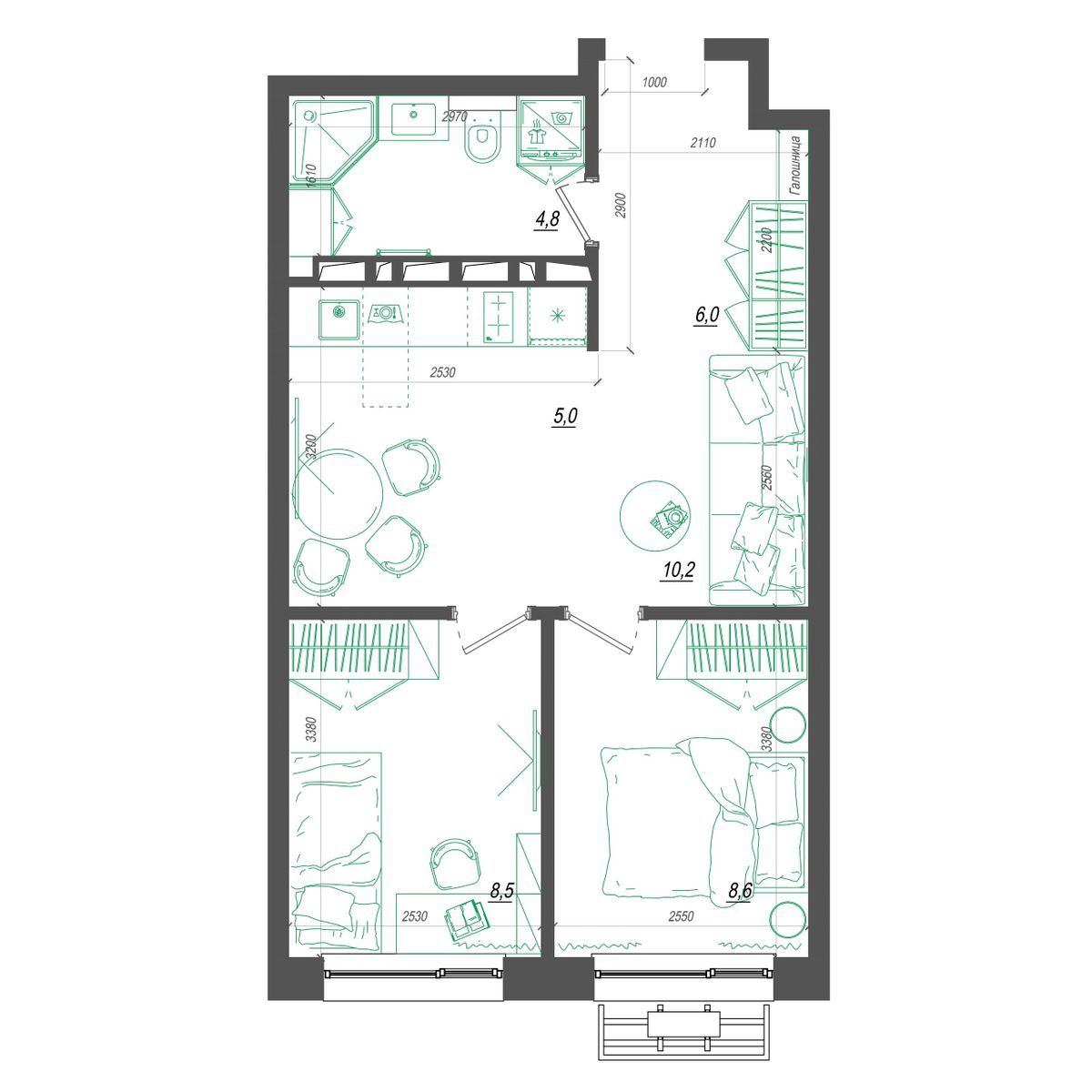 1-комнатная, 44.2 м², № 383 в Нефрит