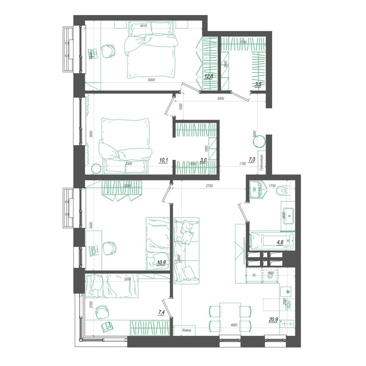 3-комнатная, 83 м², № 323 в Нефрит