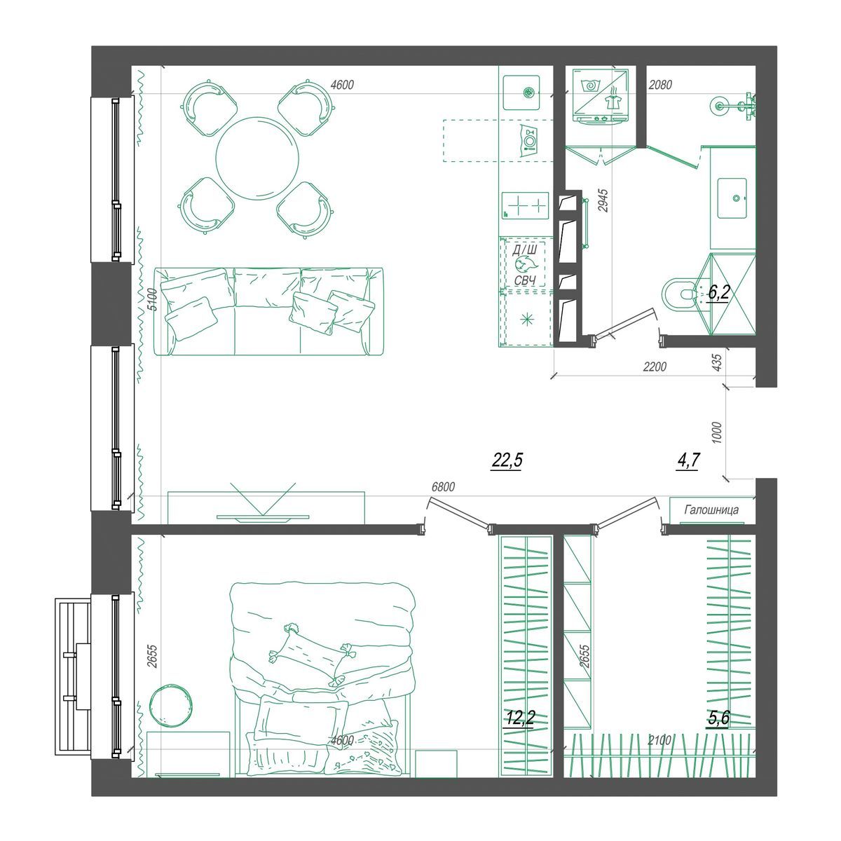 2-комнатная, 51.9 м², № 250 в Нефрит