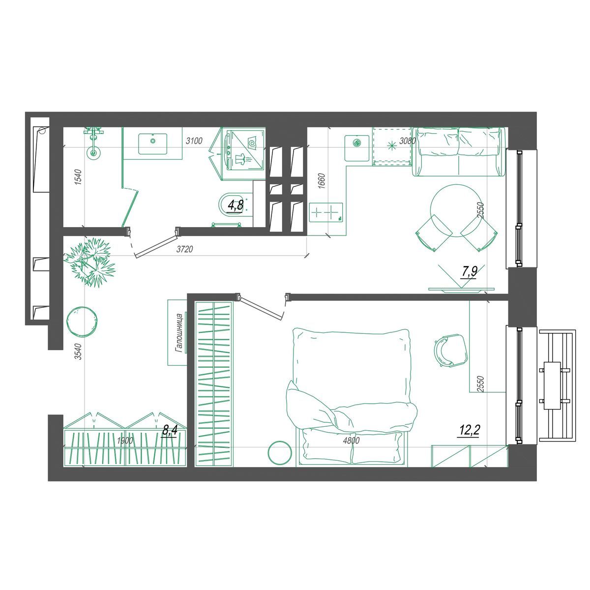 1-комнатная, 34.2 м², № 291 в Нефрит