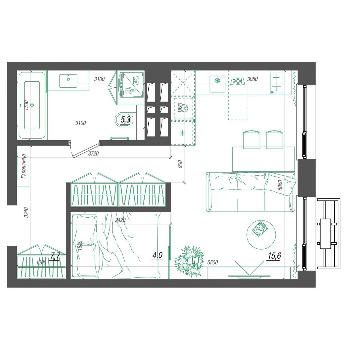 3-комнатная, 33.2 м², № 377 в Нефрит