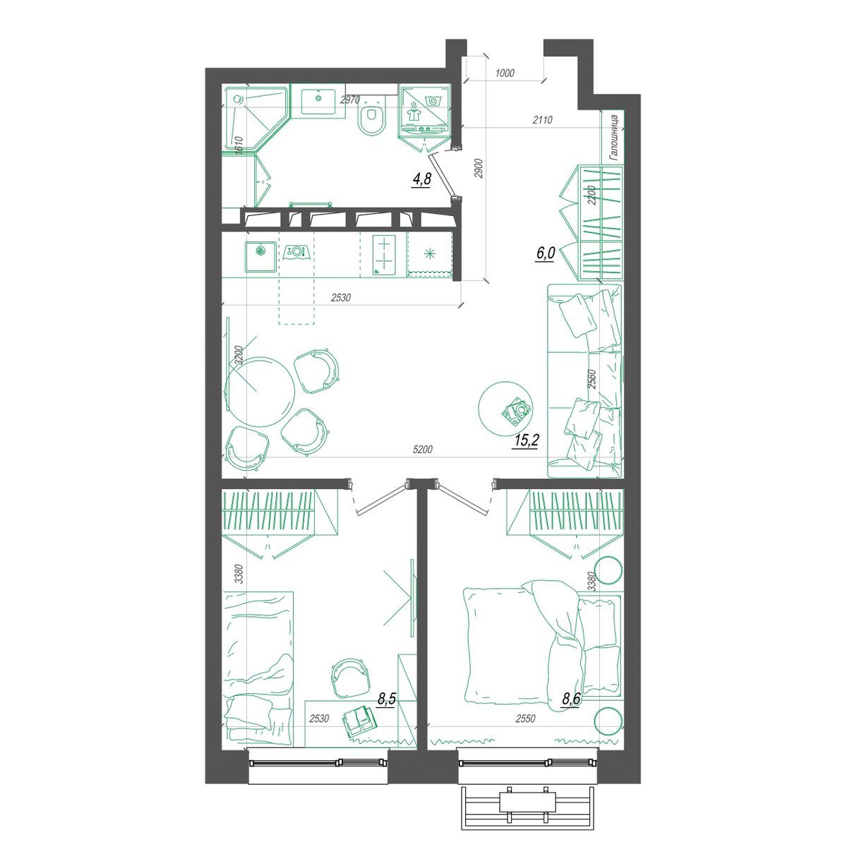 1-комнатная, 44.2 м², № 314 в Нефрит