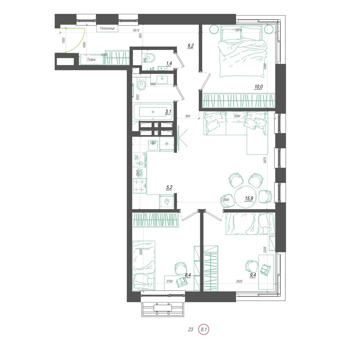 3-комнатная, 65.6 м², № 402 в Нефрит