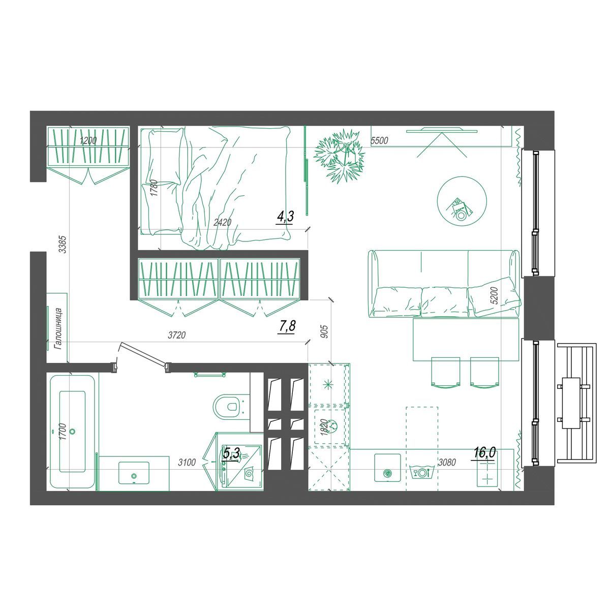 1-комнатная, 34.2 м², № 326 в Нефрит