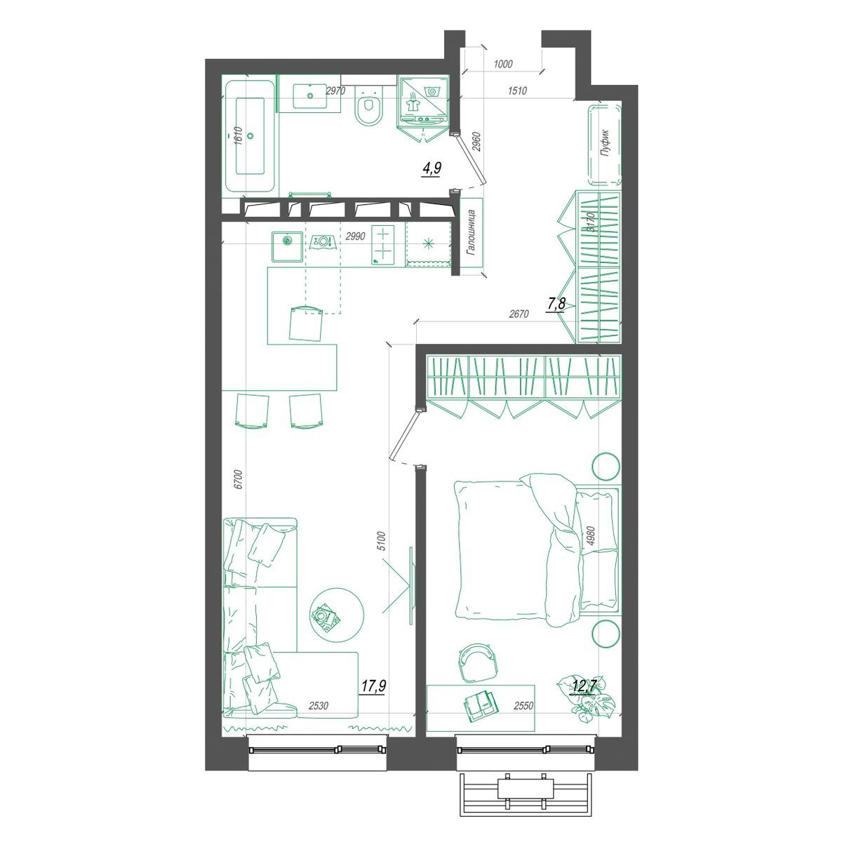 1-комнатная, 44.2 м², № 332 в Нефрит