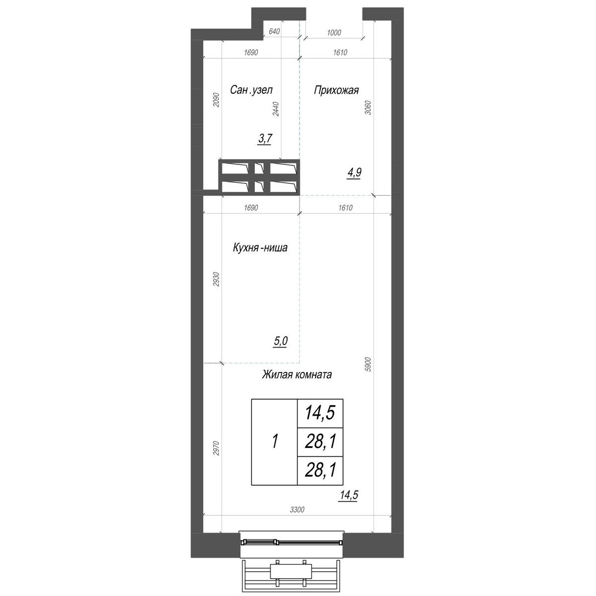 1-комнатная, 28.1 м², № 275 в Нефрит