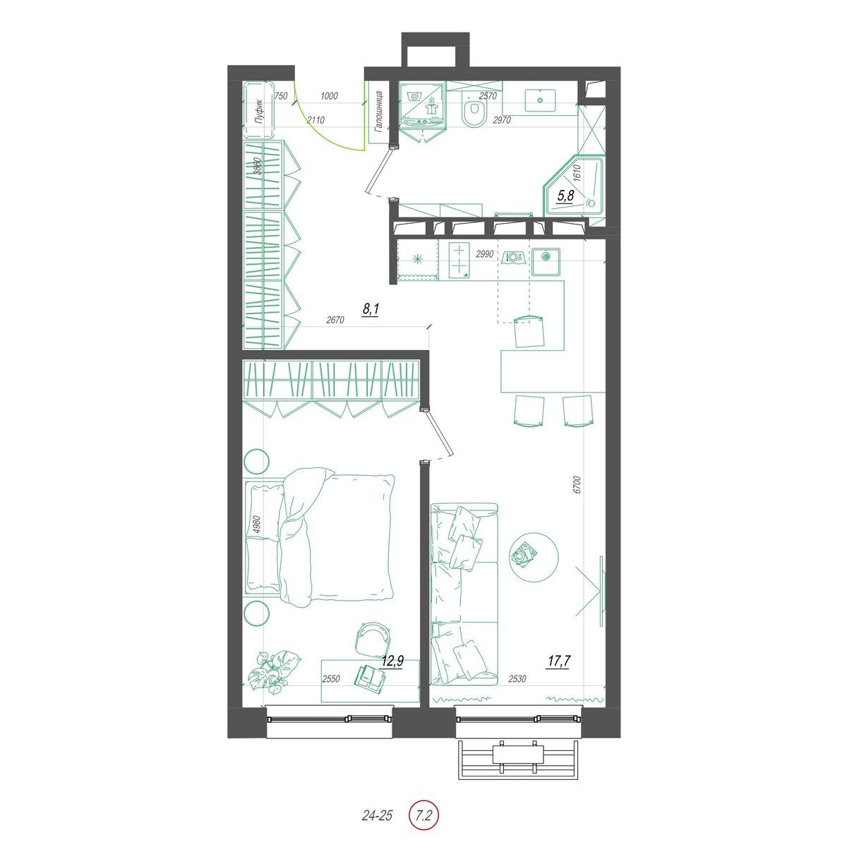 1-комнатная, 45.6 м², № 418 в Нефрит