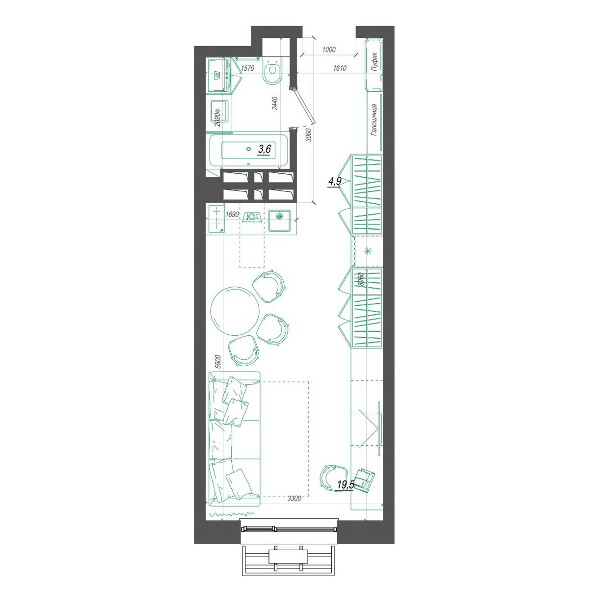 1-комнатная, 28.1 м², № 293 в Нефрит