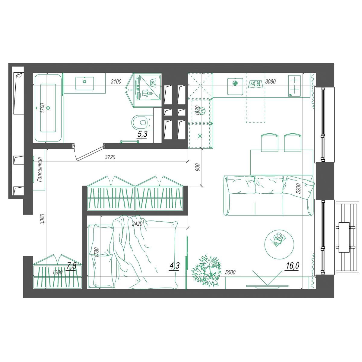 1-комнатная, 34.2 м², № 309 в Нефрит