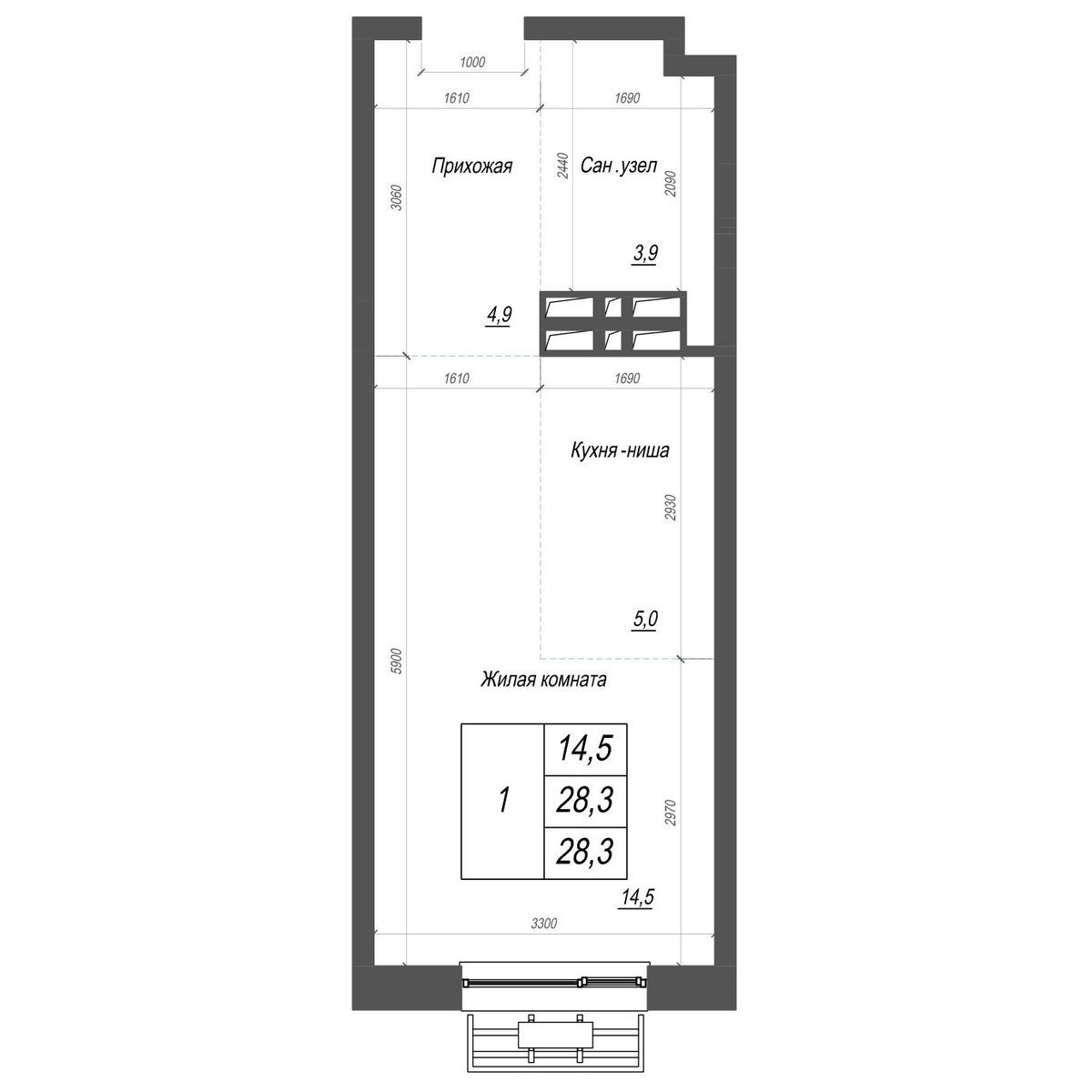 1-комнатная, 28.2 м², № 294 в Нефрит