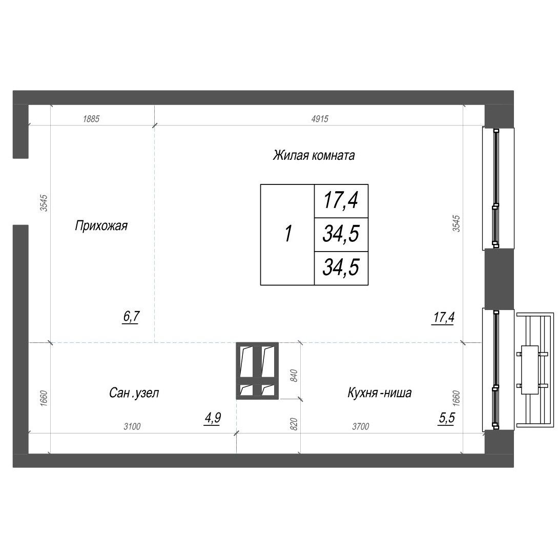 1-комнатная, 34.5 м², № 26 в Нефрит