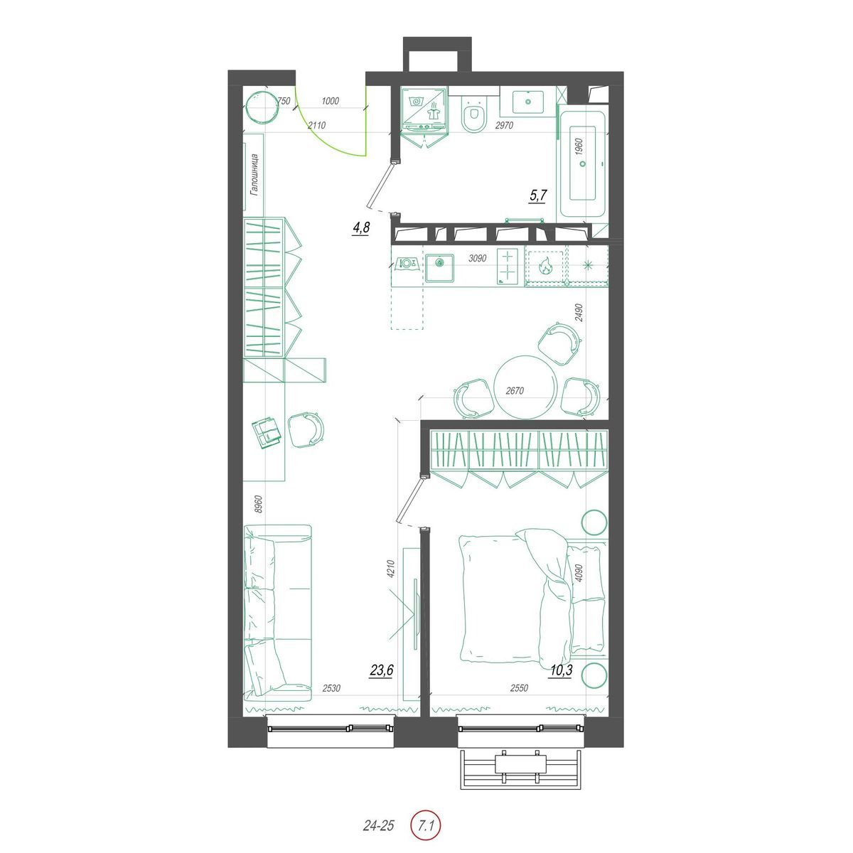 1-комнатная, 45.6 м², № 418 в Нефрит