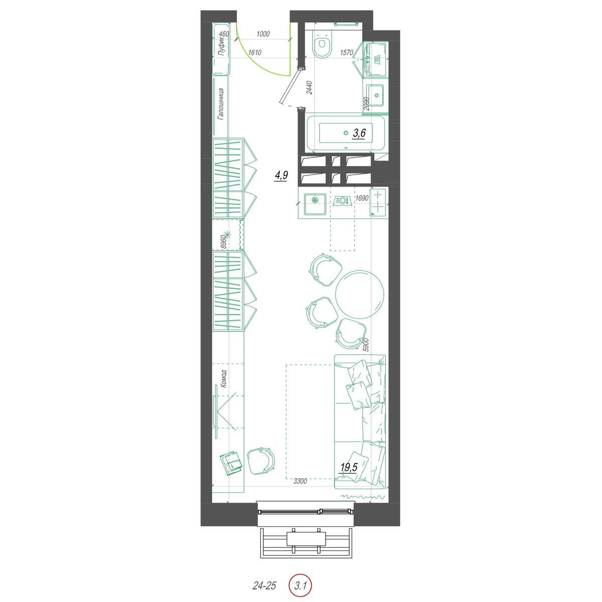 1-комнатная, 28.3 м², № 414 в Нефрит