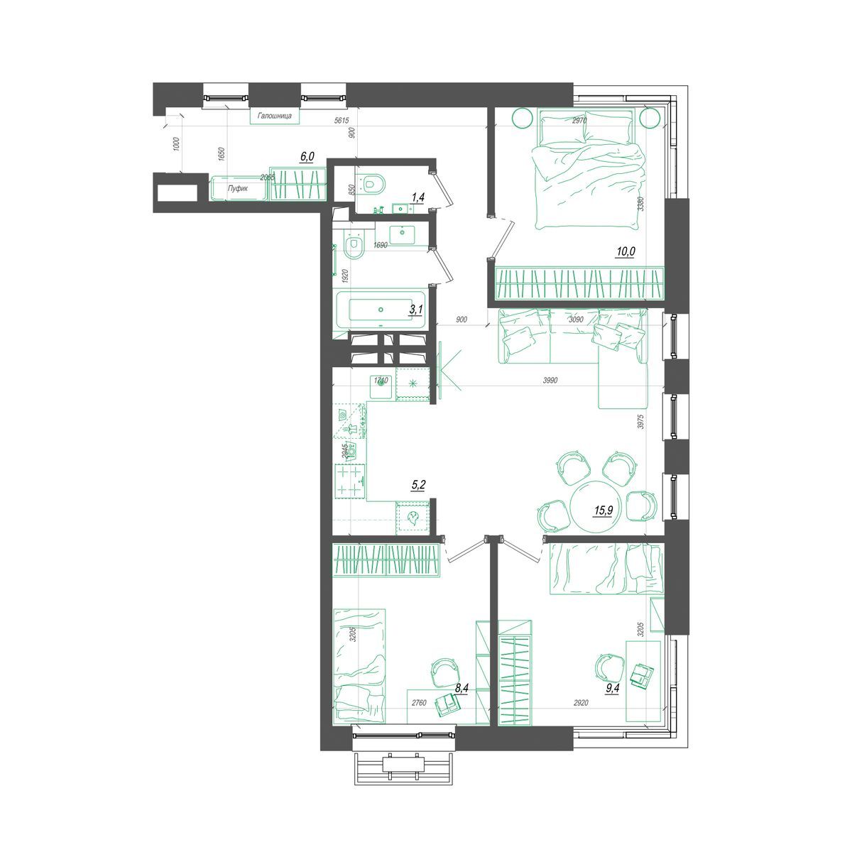3-комнатная, 65.6 м², № 318 в Нефрит
