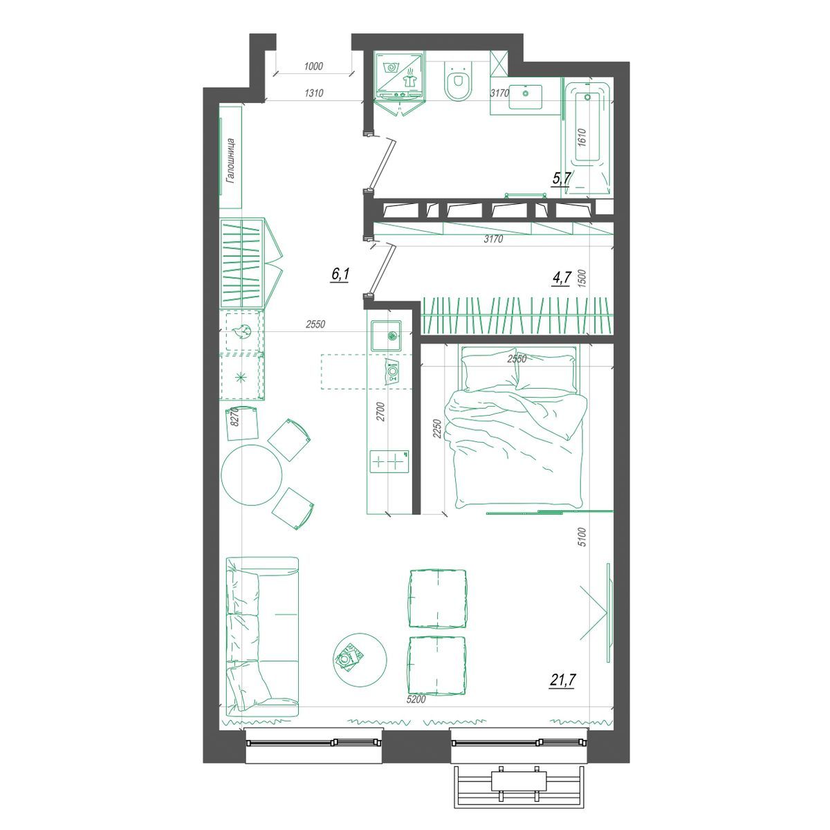 1-комнатная, 44.7 м², № 333 в Нефрит