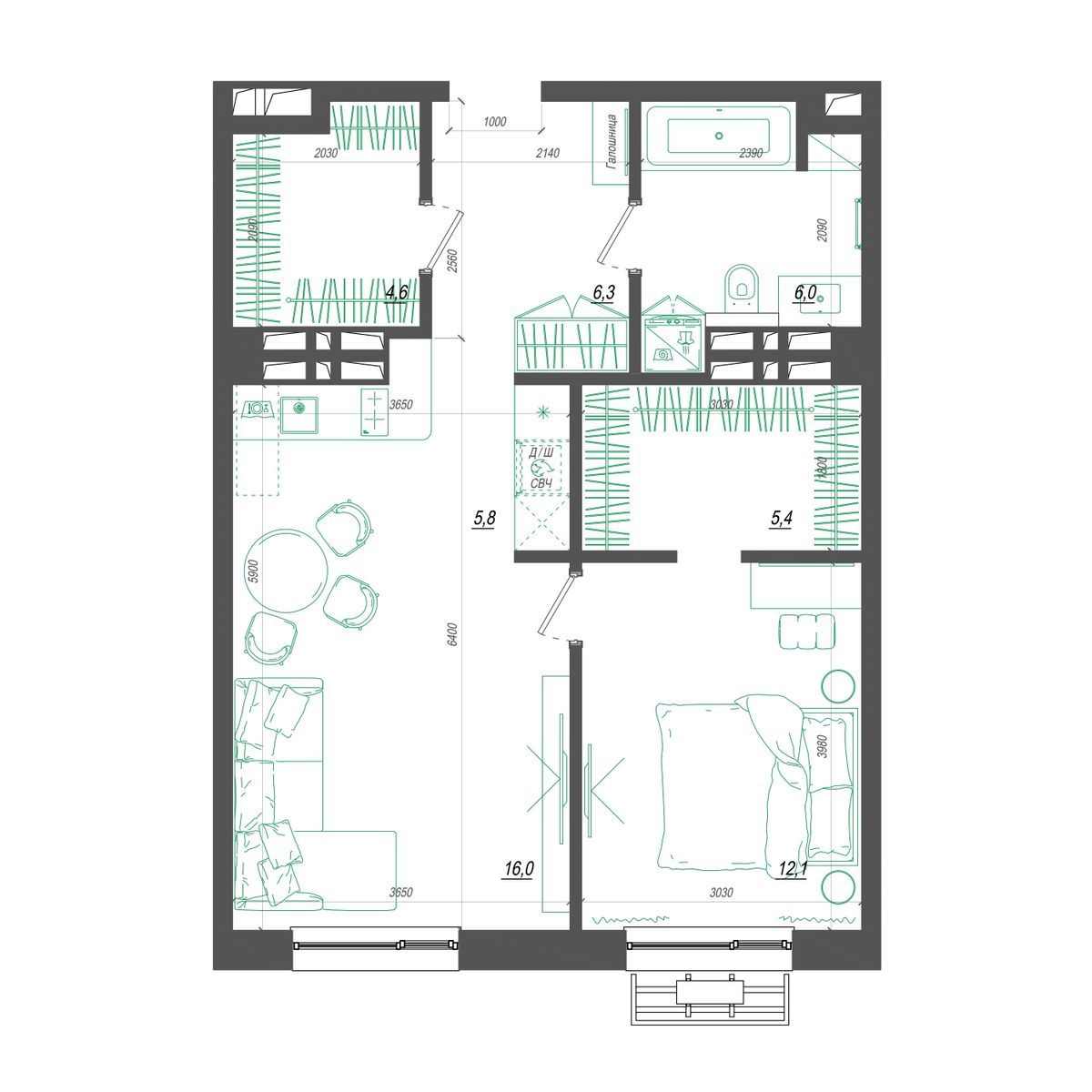 1-комнатная, 58.3 м², № 364 в Нефрит