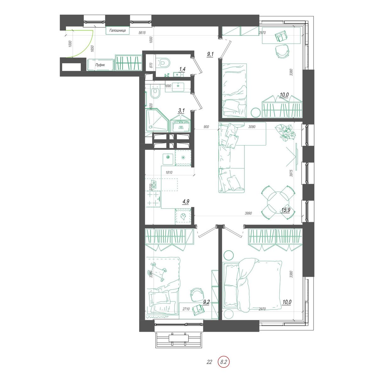 3-комнатная, 65.6 м², № 394 в Нефрит