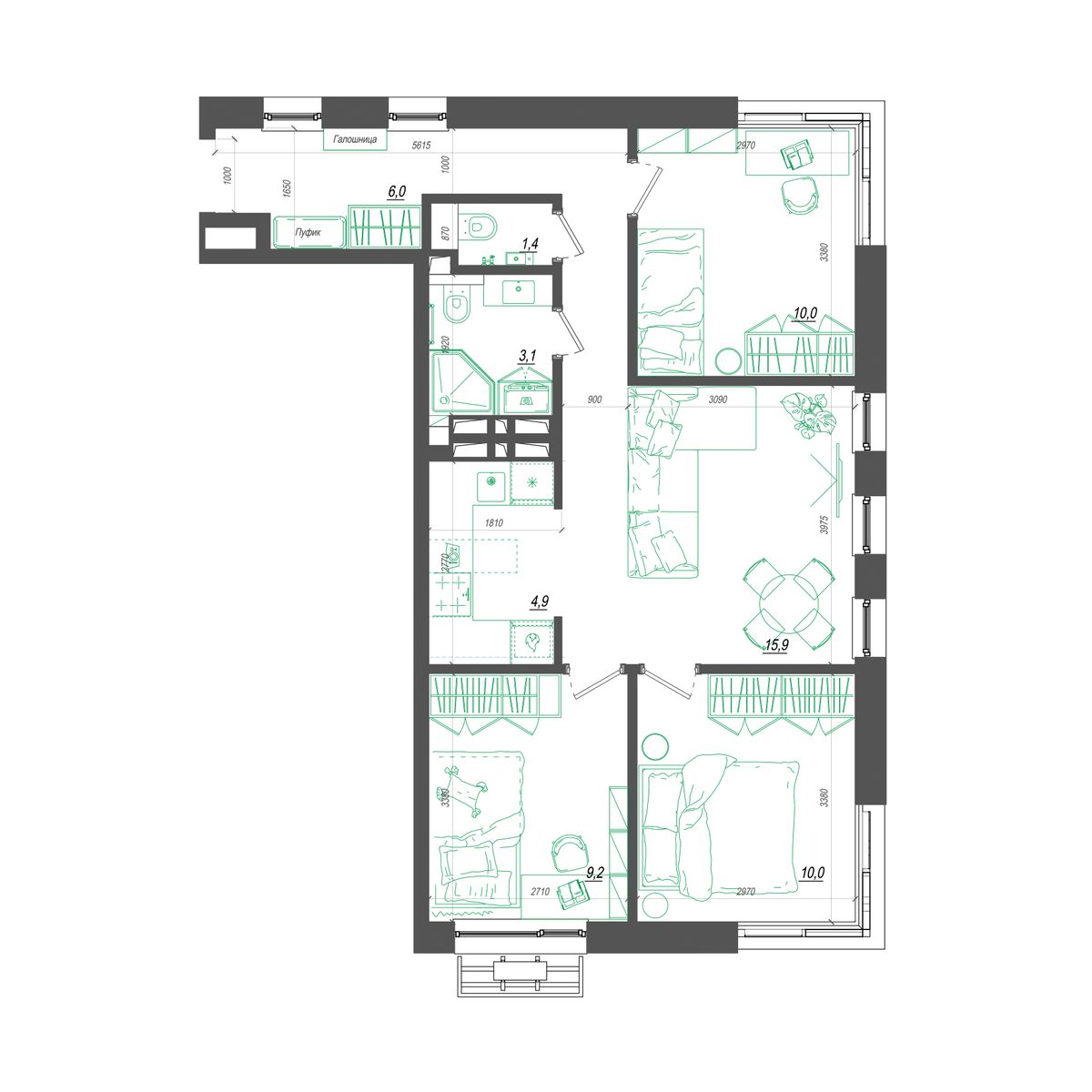 3-комнатная, 65.6 м², № 353 в Нефрит