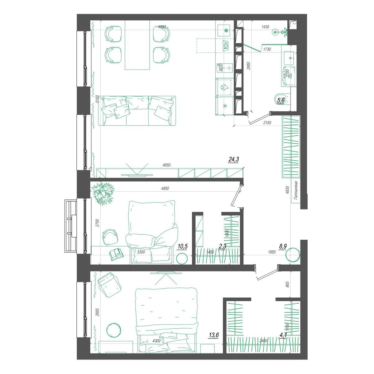 3-комнатная, 70.5 м², № 303 в Нефрит