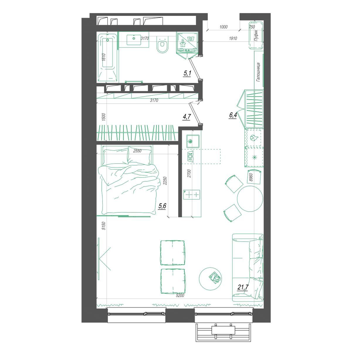 1-комнатная, 44.5 м², № 363 в Нефрит