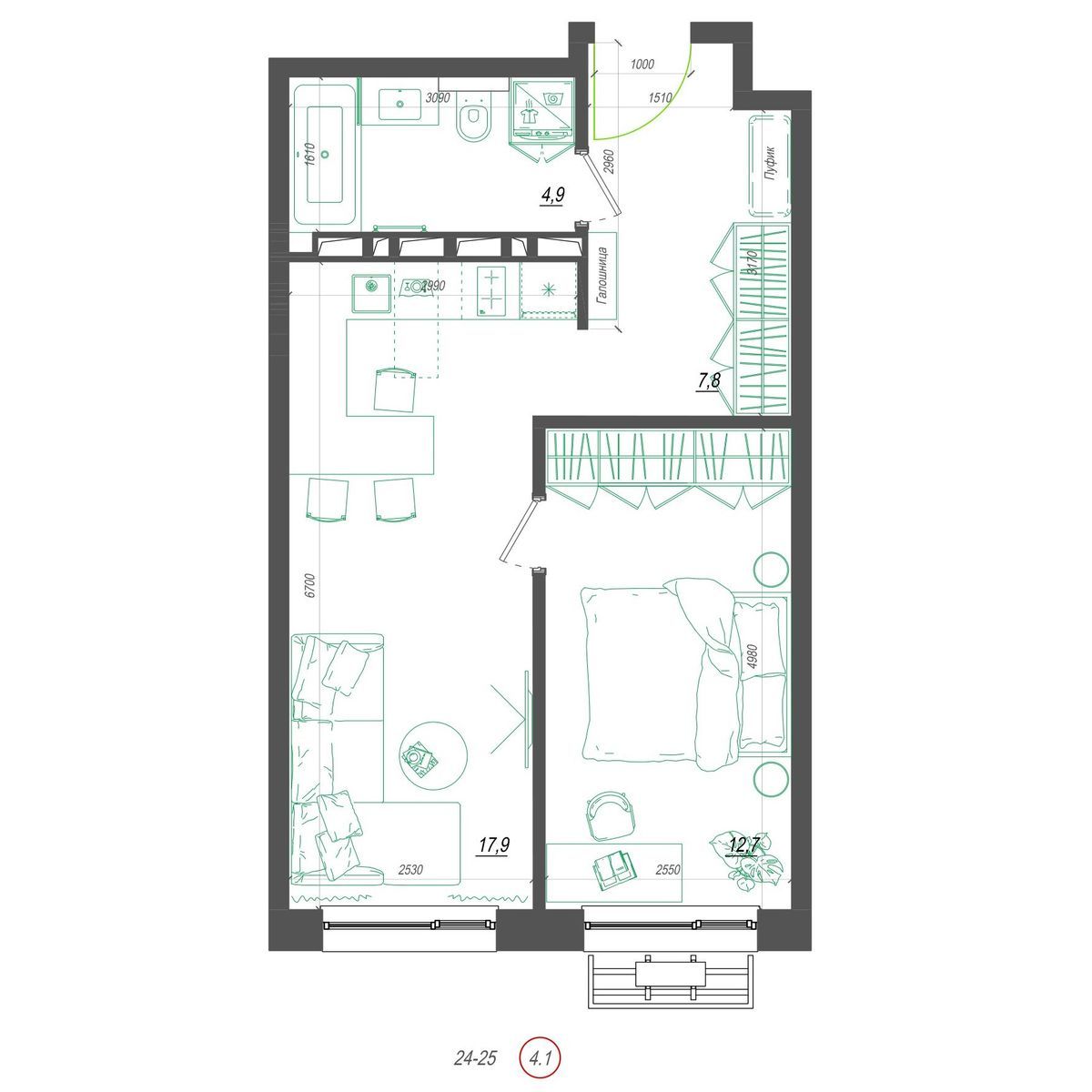 1-комнатная, 44.2 м², № 415 в Нефрит