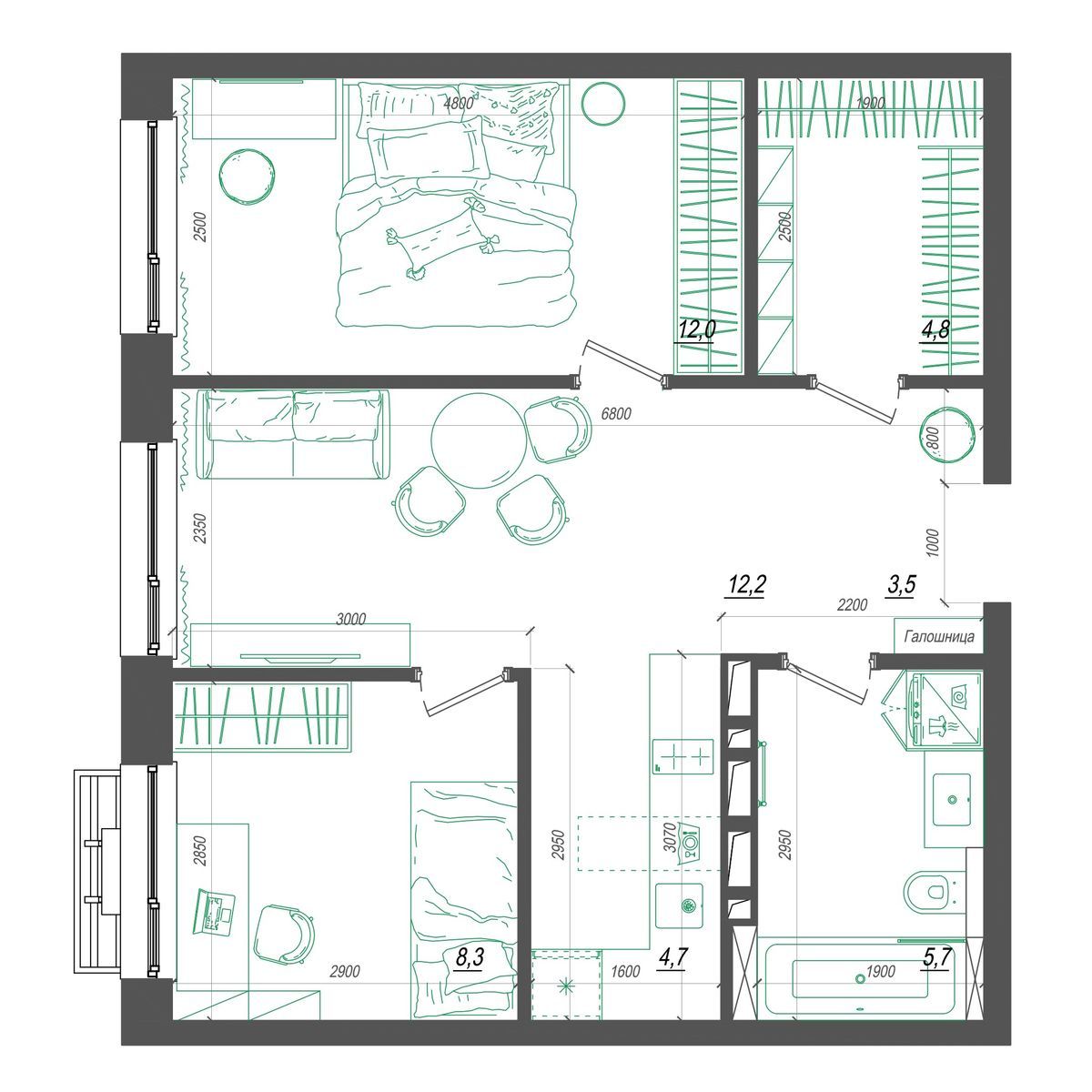 2-комнатная, 52.8 м², № 249 в Нефрит
