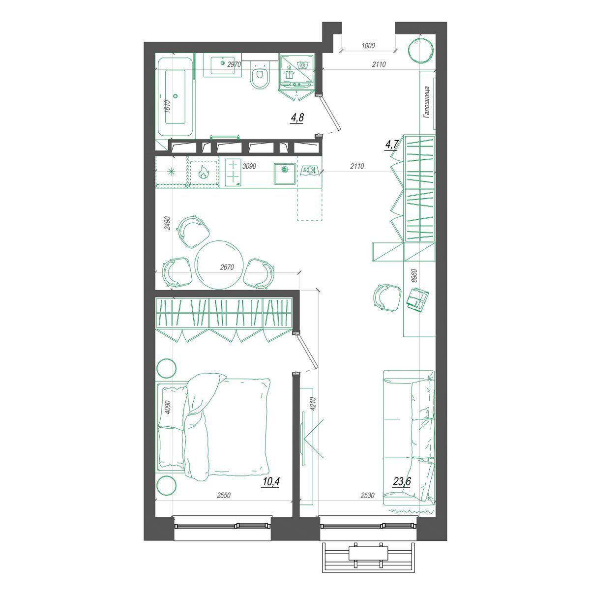 1-комнатная, 44.5 м², № 334 в Нефрит