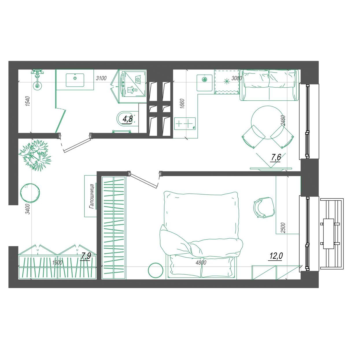3-комнатная, 33.2 м², № 377 в Нефрит