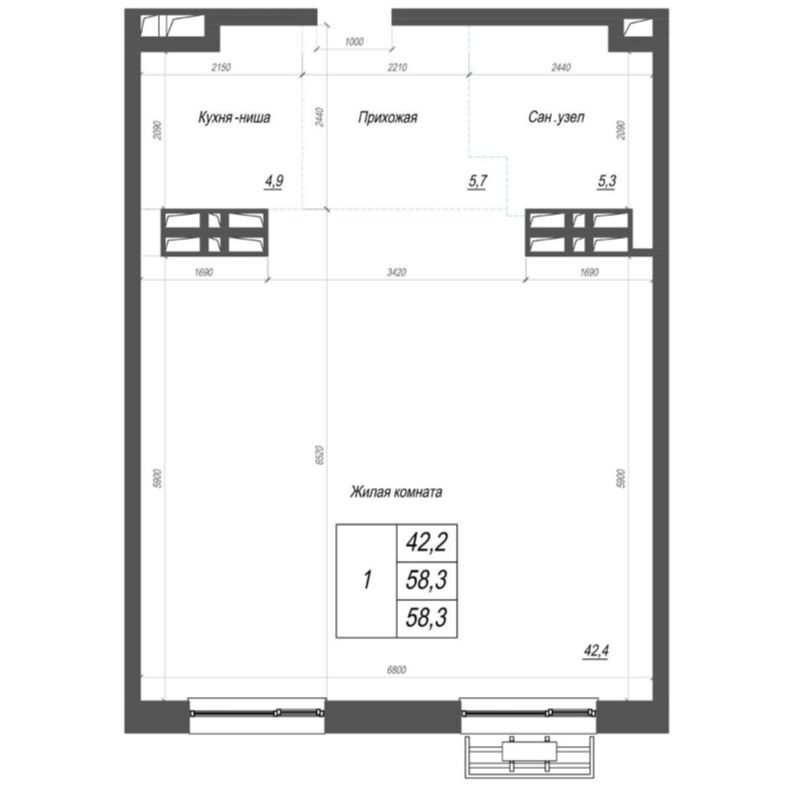 1-комнатная, 58.3 м², № 346 в Нефрит