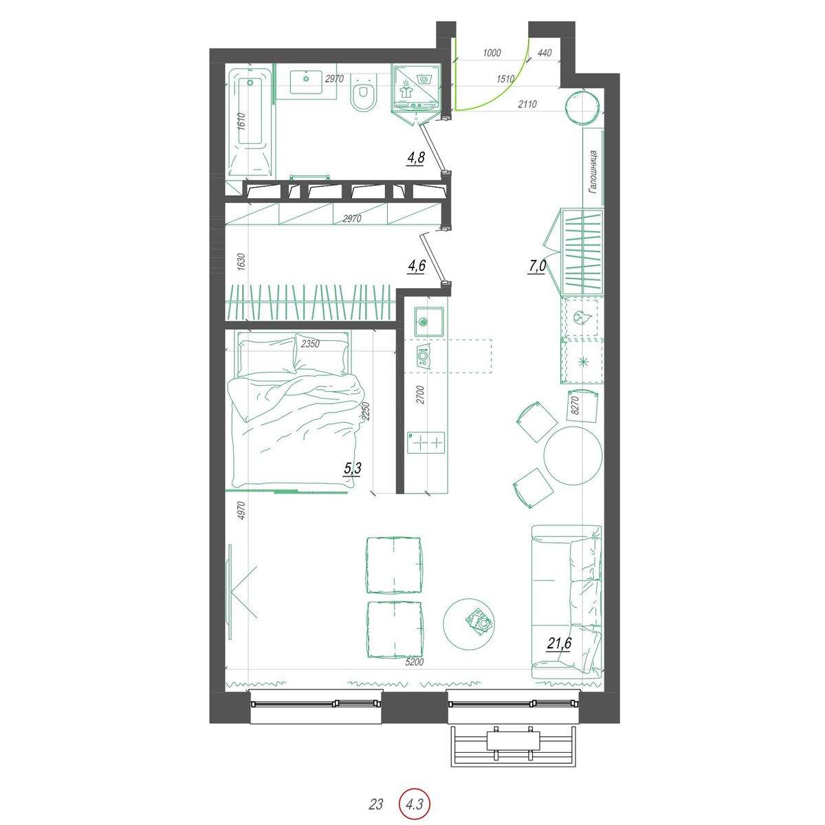 1-комнатная, 44.2 м², № 399 в Нефрит