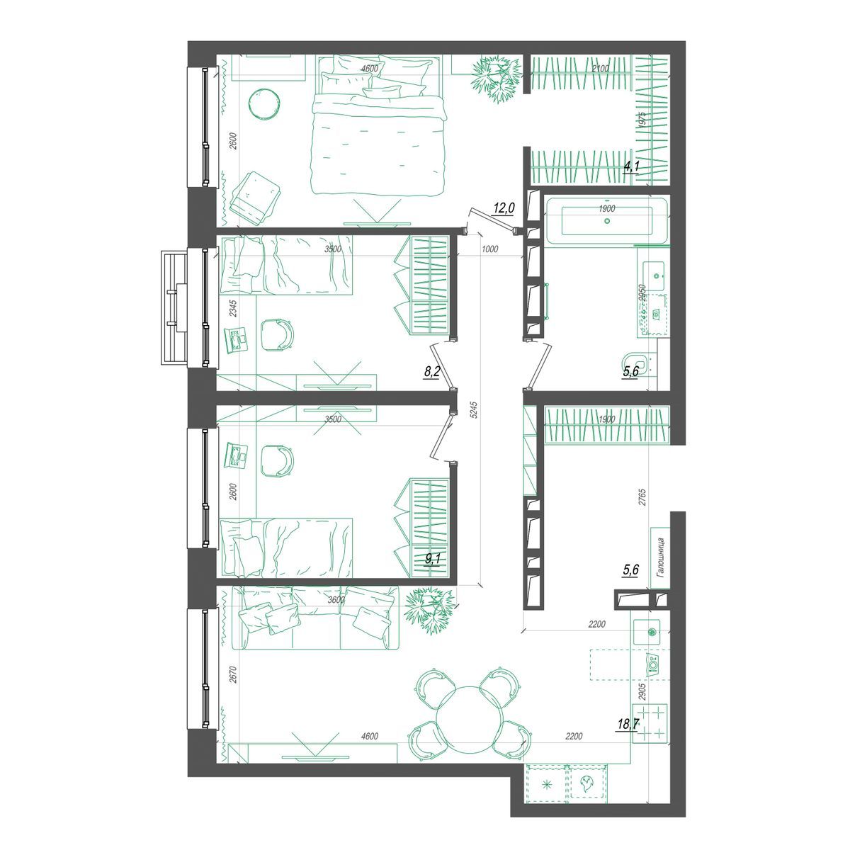 3-комнатная, 70.5 м², № 374 в Нефрит