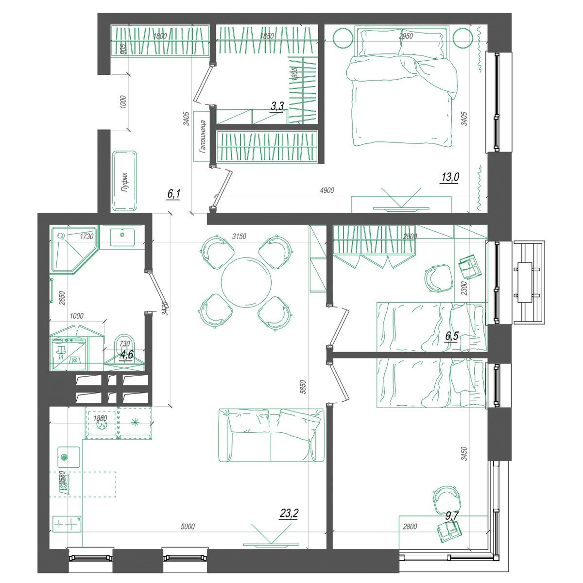 4-комнатная, 68.2 м², № 324 в Нефрит