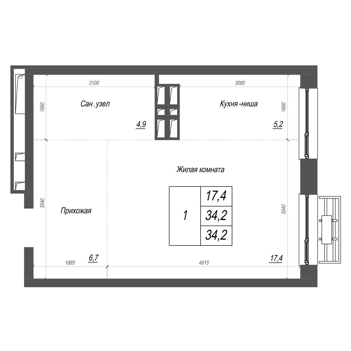 1-комнатная, 34.2 м², № 327 в Нефрит