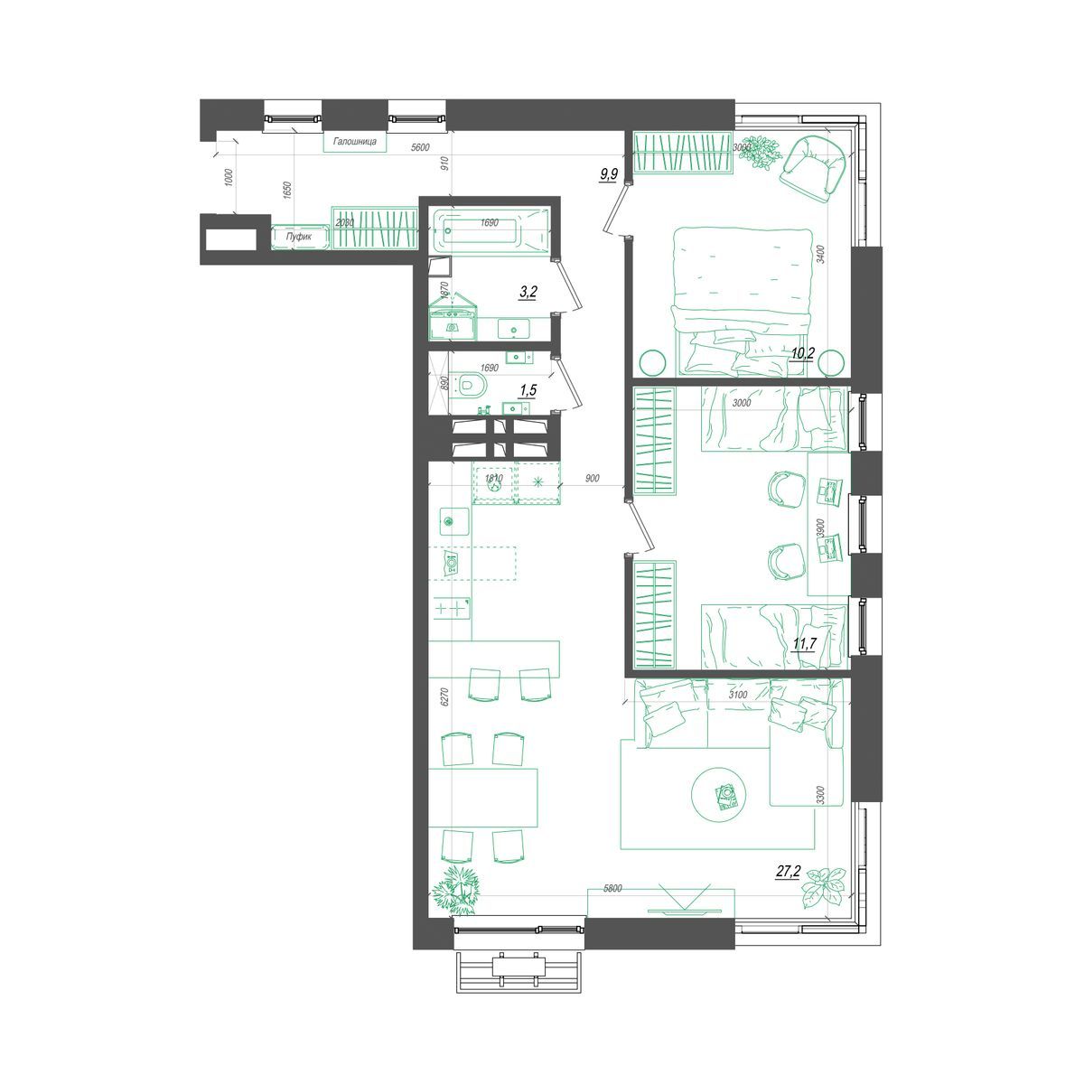 3-комнатная, 65.6 м², № 386 в Нефрит