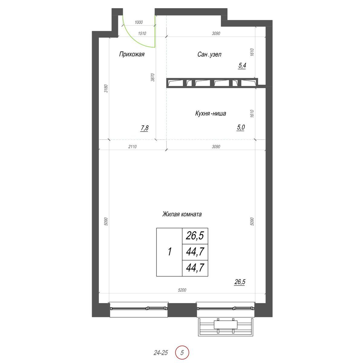 1-комнатная, 44.7 м², № 416 в Нефрит