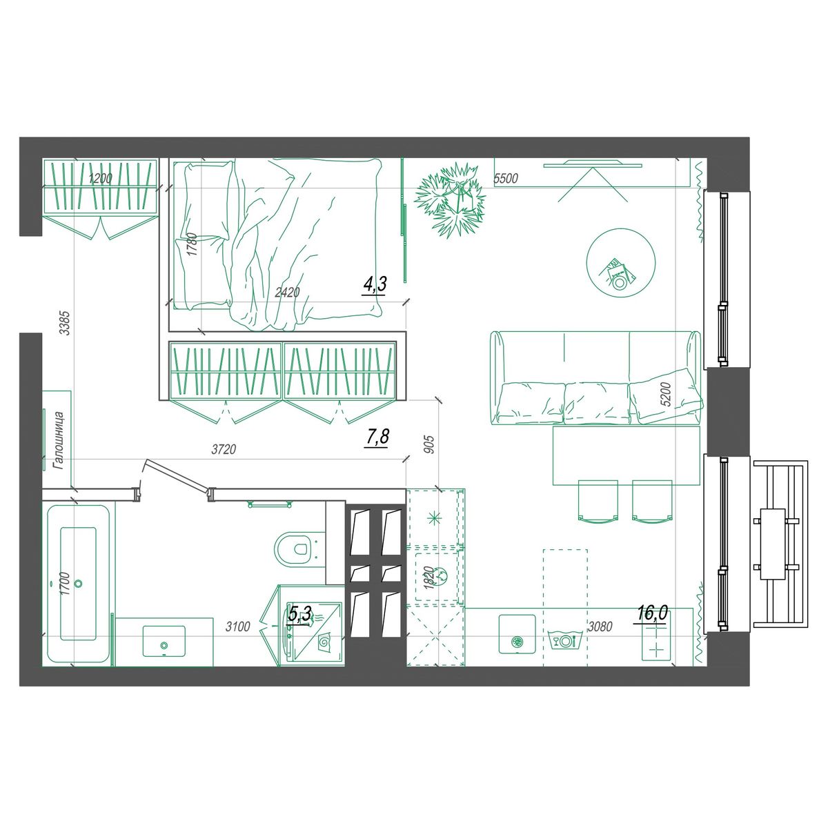 1-комнатная, 34.2 м², № 344 в Нефрит