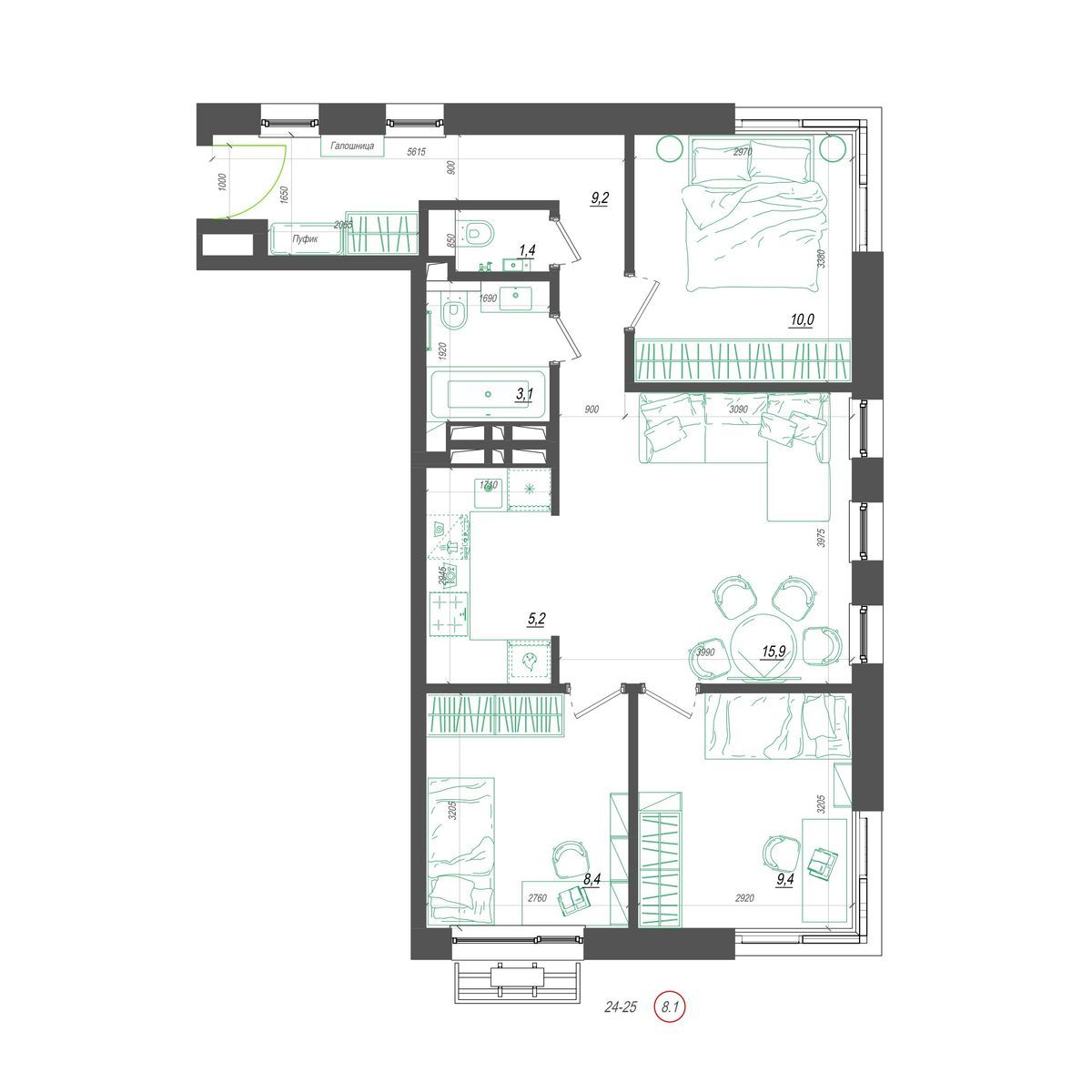 3-комнатная, 65.6 м², № 419 в Нефрит