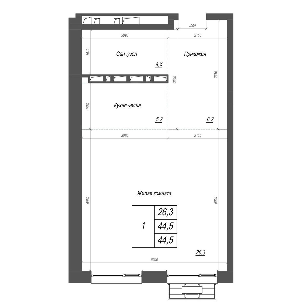 1-комнатная, 44.5 м², № 363 в Нефрит