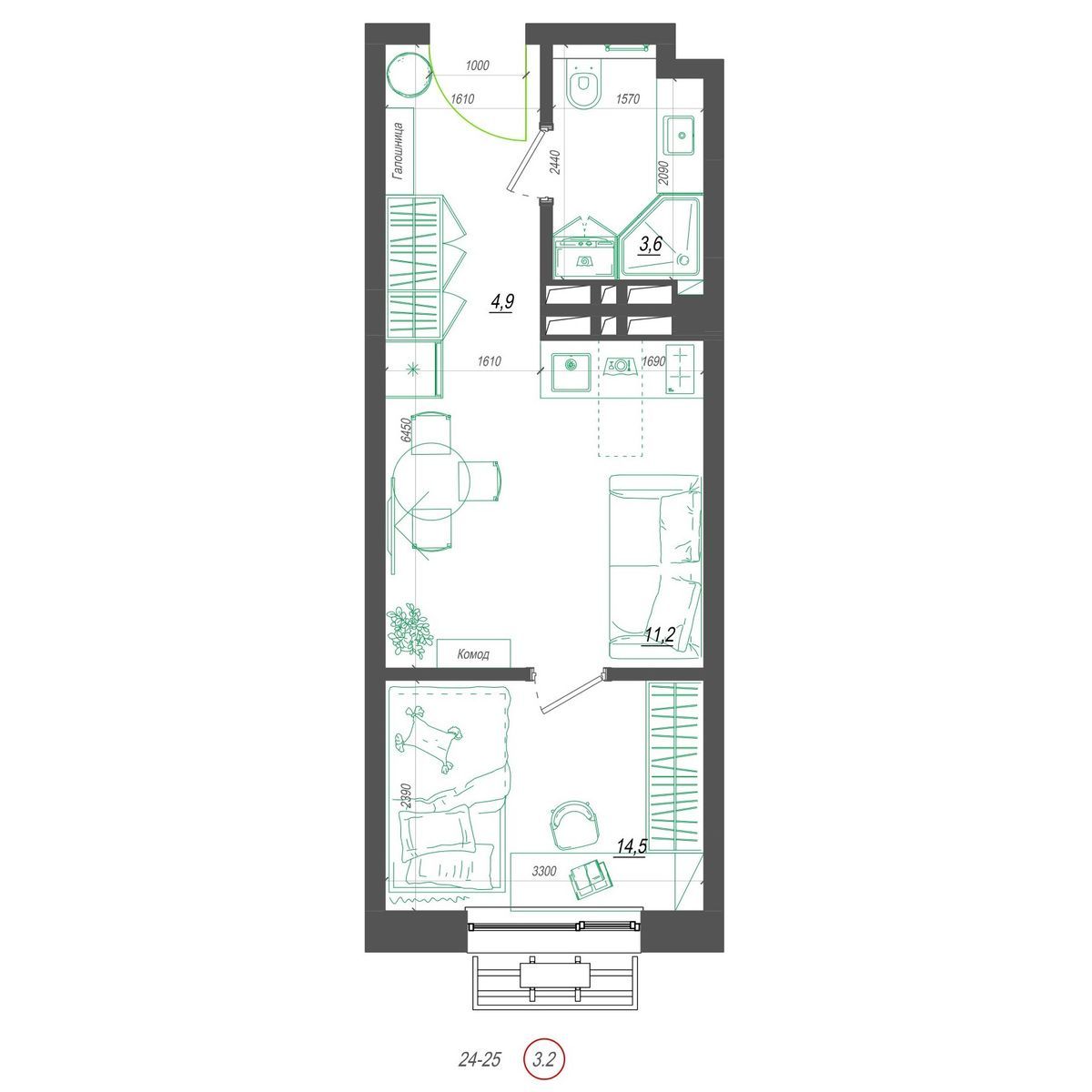 1-комнатная, 28.3 м², № 414 в Нефрит