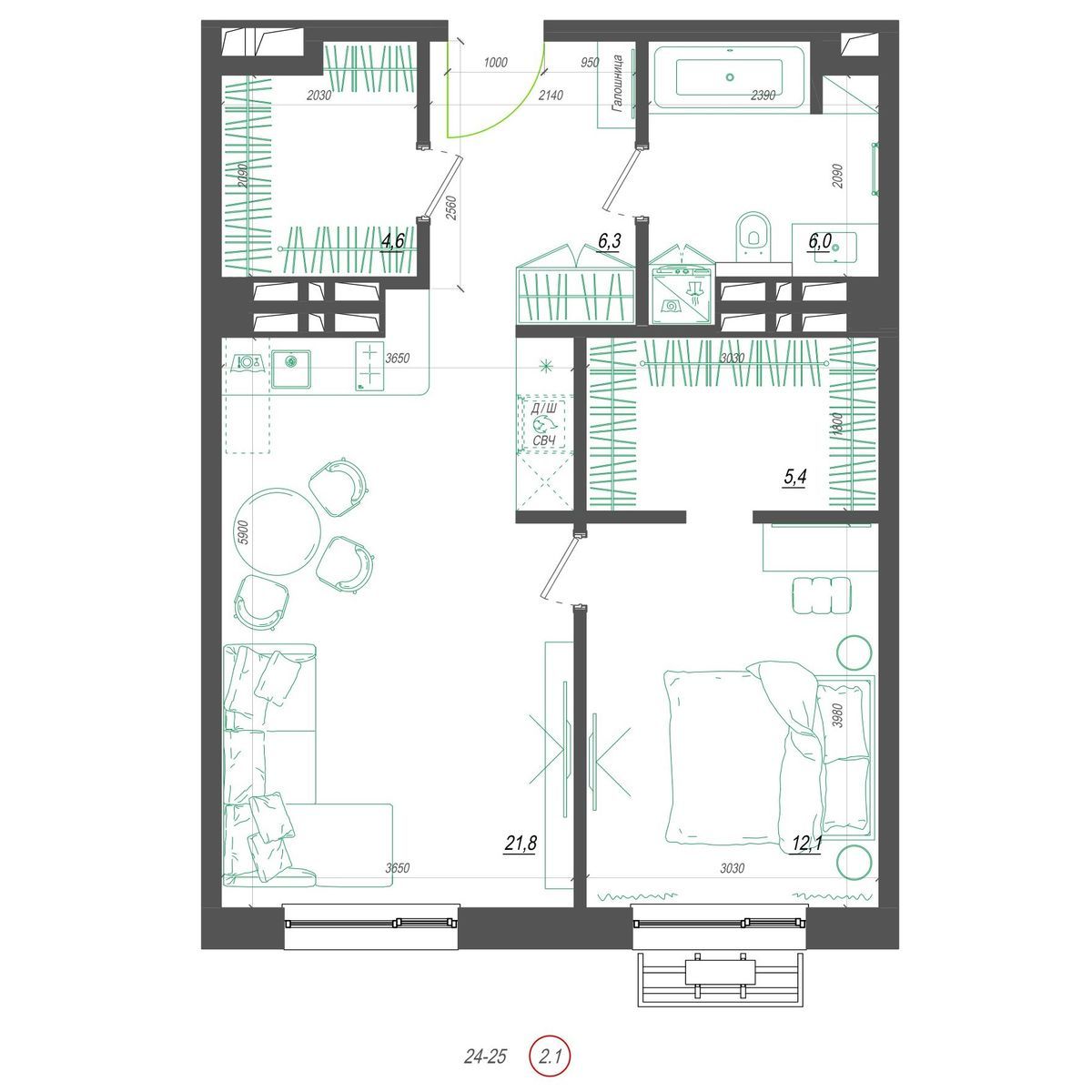 1-комнатная, 58.3 м², № 413 в Нефрит