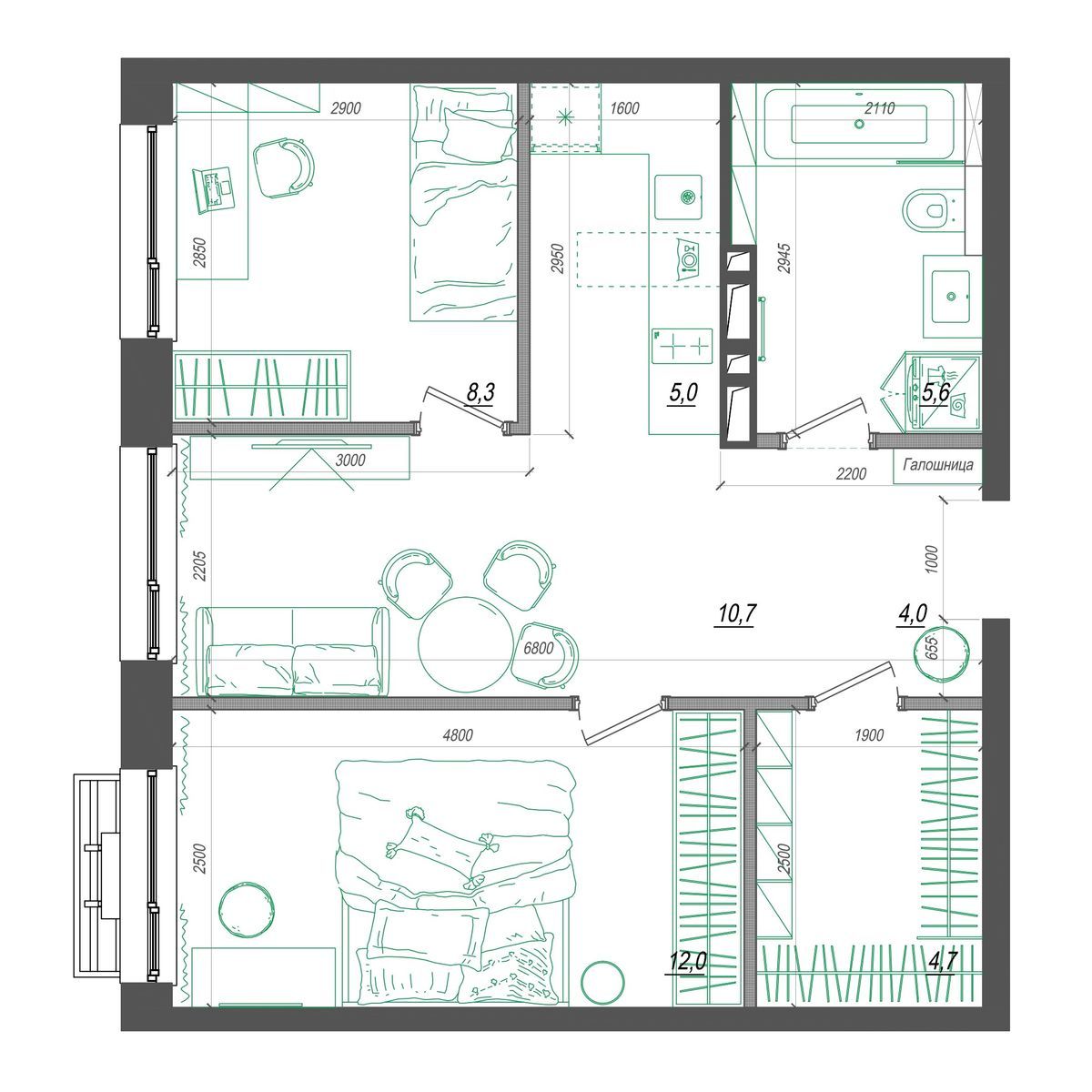 2-комнатная, 51.9 м², № 250 в Нефрит