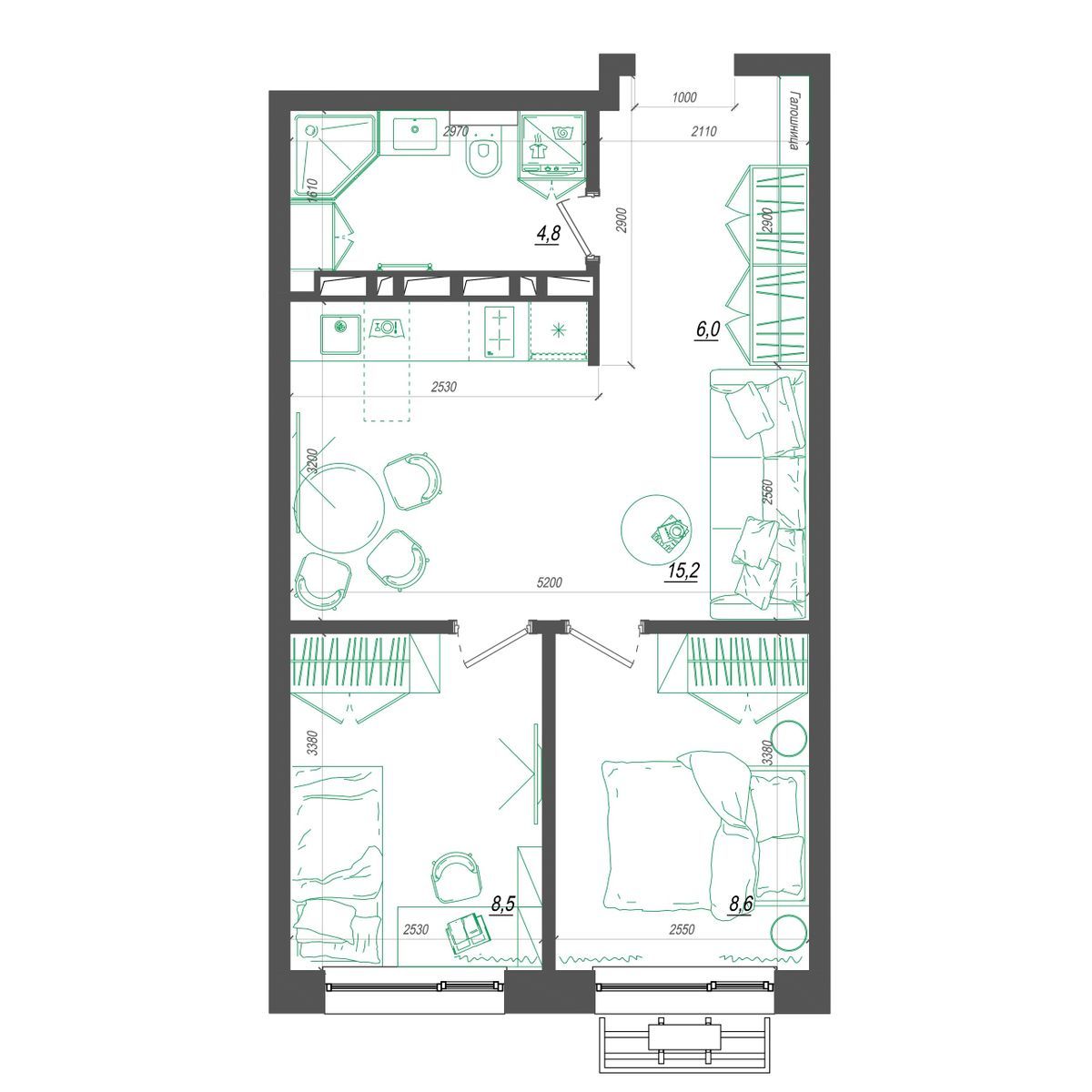 1-комнатная, 44.5 м², № 316 в Нефрит
