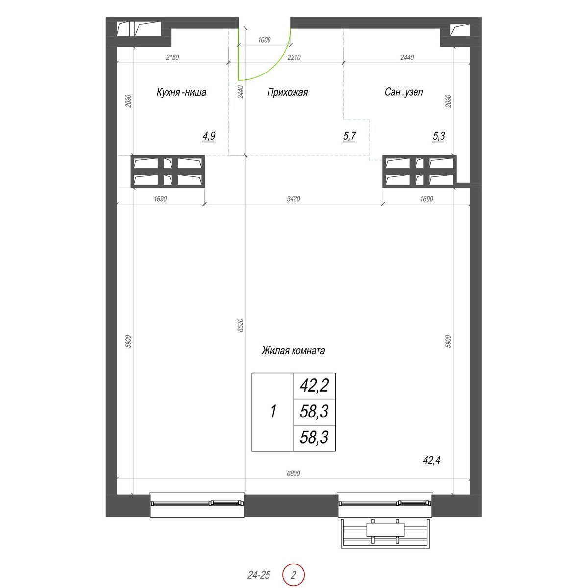 1-комнатная, 58.3 м², № 413 в Нефрит